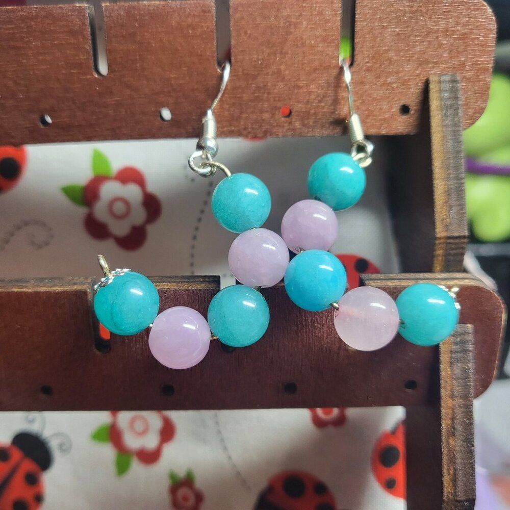 Handmade Natural Amazonite & Rose Quartz Beaded Dangle Earrings